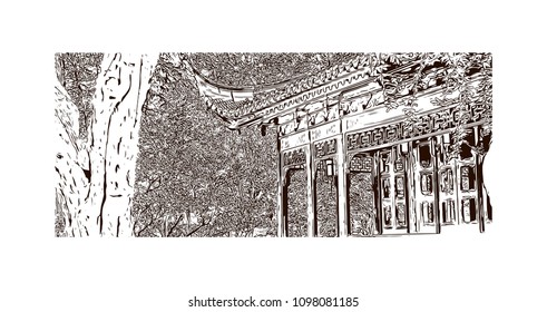 Yu Garden or Yuyuan Garden is an extensive Chinese garden located beside the City God Temple in the northeast of the Old City of Shanghai, China. Hand drawn sketch illustration in vector.