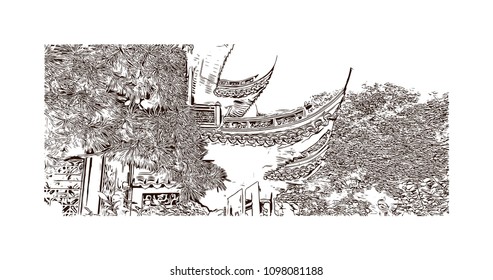 Yu Garden or Yuyuan Garden is an extensive Chinese garden located beside the City God Temple in the northeast of the Old City of Shanghai, China. Hand drawn sketch illustration in vector.