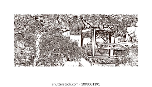 Yu Garden or Yuyuan Garden is an extensive Chinese garden located beside the City God Temple in the northeast of the Old City of Shanghai, China. Hand drawn sketch illustration in vector.