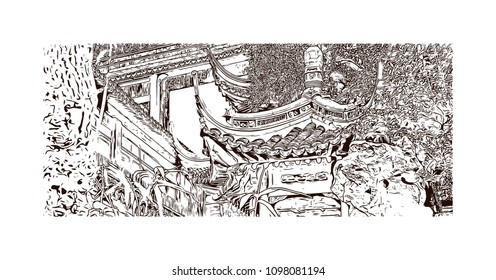 Yu Garden or Yuyuan Garden is an extensive Chinese garden located beside the City God Temple in the northeast of the Old City of Shanghai, China. Hand drawn sketch illustration in vector.