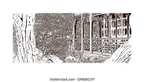 Yu Garden or Yuyuan Garden is an extensive Chinese garden located beside the City God Temple in the northeast of the Old City of Shanghai, China. Hand drawn sketch illustration in vector.