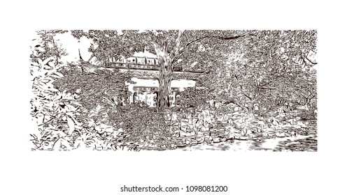 Yu Garden or Yuyuan Garden is an extensive Chinese garden located beside the City God Temple in the northeast of the Old City of Shanghai, China. Hand drawn sketch illustration in vector.