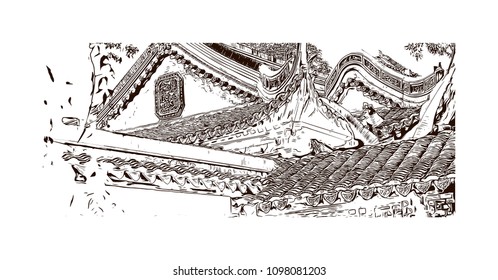 Yu Garden or Yuyuan Garden is an extensive Chinese garden located beside the City God Temple in the northeast of the Old City of Shanghai, China. Hand drawn sketch illustration in vector.