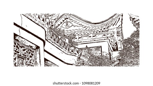 Yu Garden or Yuyuan Garden is an extensive Chinese garden located beside the City God Temple in the northeast of the Old City of Shanghai, China. Hand drawn sketch illustration in vector.