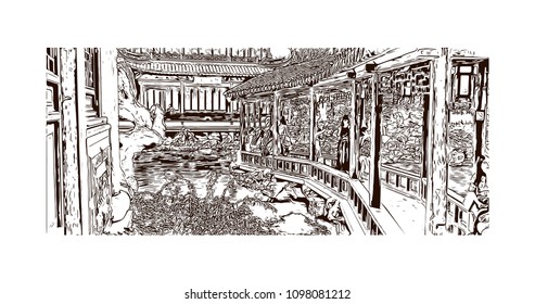 Yu Garden or Yuyuan Garden is an extensive Chinese garden located beside the City God Temple in the northeast of the Old City of Shanghai, China. Hand drawn sketch illustration in vector.