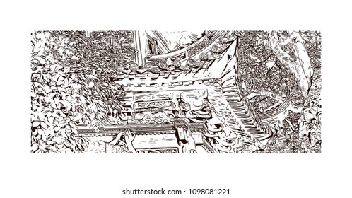 Yu Garden or Yuyuan Garden is an extensive Chinese garden located beside the City God Temple in the northeast of the Old City of Shanghai, China. Hand drawn sketch illustration in vector.