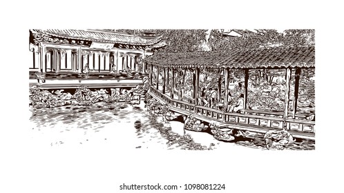 Yu Garden or Yuyuan Garden is an extensive Chinese garden located beside the City God Temple in the northeast of the Old City of Shanghai, China. Hand drawn sketch illustration in vector.