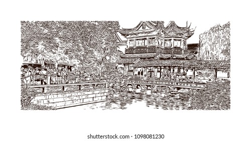 Yu Garden or Yuyuan Garden is an extensive Chinese garden located beside the City God Temple in the northeast of the Old City of Shanghai, China. Hand drawn sketch illustration in vector.