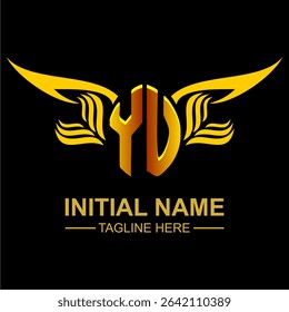 YU Golden Wing Emblem Logo with elegant gold wings, sleek and modern design. Ideal for branding, creative projects, luxury businesses, or artistic ventures.