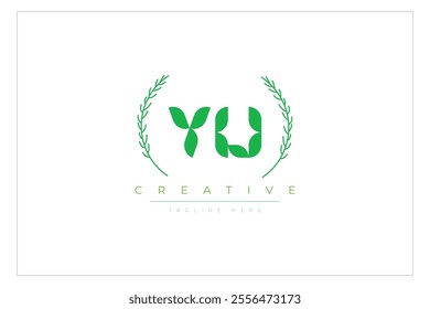 YU letters eco logo with leaf. Fresh nature and healthy leaf logo design.