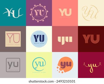 YU logo company template. Letter y and u logotype. Set different classic serif lettering and modern bold text with design elements. Initial font typography. Collection trendy business identity.