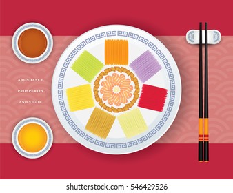 Yu Sheng or Lou Sang is a appetizer eating during Chinese New Year, it consists of raw fish, shredded vegetables, sauces and condiments. Symbolism of "good luck" for the new year. 