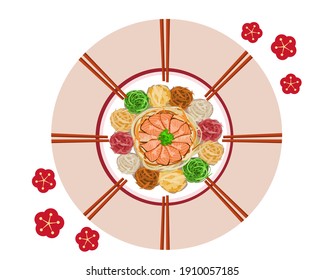 Yu Sheng, prosperity fish raw salad with chopsticks on a table top view. Isolated close up Yu Sheng vector illustration.