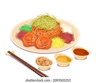 Yu Sheng, prosperity fish raw and vegetables salad and a variety of sauces and condiments with sauce and bread. Chinese food and chopsticks on a table. Isolated close up Yu Sheng vector illustration 