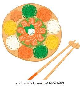 Yu Sheng, ensalada cruda de pescado con palillos sobre la mesa. Isolación cerca de la ilustración vectorial de Yu Sheng. Plato de año nuevo con palillos, Año Nuevo chino, plato de salmón. 