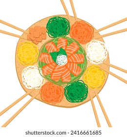 Yu Sheng, ensalada cruda de pescado con palillos sobre la mesa. Isolación cerca de la ilustración vectorial de Yu Sheng. Plato de año nuevo con palillos alrededor, Año Nuevo chino, plato de salmón. 