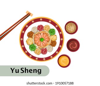 Yu Sheng, prosperity salad with sauce on white background. Isolated Yu Sheng vector illustration.