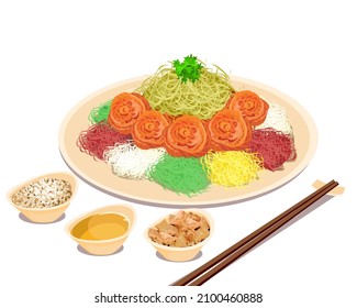 Yu Sheng, ensalada de pescado crudo y verduras de salmón y una variedad de salsas y condimentos con salsa y pan. Comida china y palillos sobre una mesa. Isolación de cierre de la ilustración vectorial de Yu Sheng 