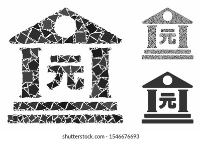 Yuan bank building composition of humpy parts in variable sizes and shades, based on yuan bank building icon. Vector irregular parts are organized into collage.