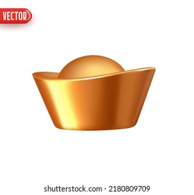 Yuan Bao Chinese gold coin. Imperial golden ingot YuanBao iambic. Realistic 3d design element. Icon isolated on white background. Vector illustration