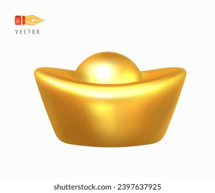 Yuan Bao Chinese Gold Currency. Traditional gift decoration for the Chinese New Year. Imperial Golden Ingot YuanBao. Realistic 3d design element isolated on white background. 3D render vector object