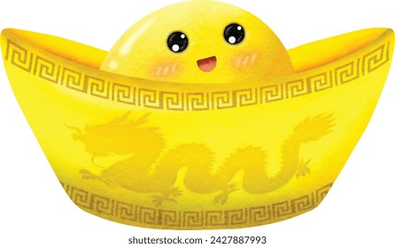 Yuan Bao Gold Sycee Ingot is an ancient traditional Chinese coin from the Tang's dynasty. Watercolor illustration Vector. Chinese New Year smile smiling dragon