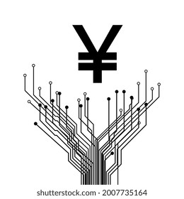 Yuan CNY digital coin symbol over PCB branching tracks isolated on white. China currency icon. Vector illustration.