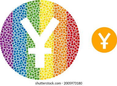 Yuan coin collage icon of spheric dots in different sizes and rainbow color tinges. A dotted LGBT-colored yuan coin for lesbians, gays, bisexuals, and transgenders.