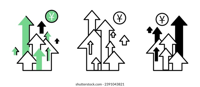 Yuan coin grow. A set of various up arrows.