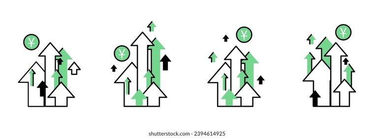 Yuan coin grow. A set of various up arrows.