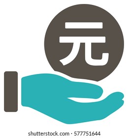 Yuan Coin Payment Hand vector icon. Illustration style is a flat iconic bicolor grey and cyan symbol on white background.