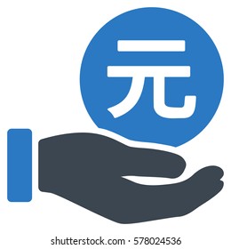 Yuan Coin Payment Hand vector pictograph. Illustration style is a flat iconic bicolor smooth blue symbol on white background.