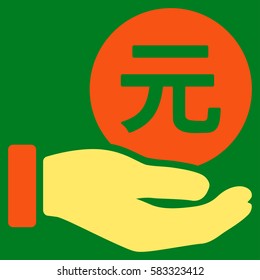 Yuan Coin Payment Hand vector pictogram. Illustration style is a flat iconic bicolor orange and yellow symbol on green background.
