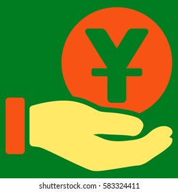Yuan Coin Payment Hand vector pictogram. Illustration style is a flat iconic bicolor orange and yellow symbol on green background.