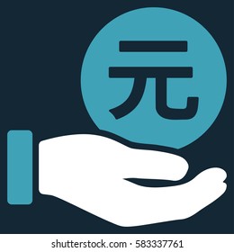 Yuan Coin Payment Hand vector pictograph. Illustration style is a flat iconic bicolor blue and white symbol on dark blue background.