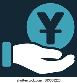 Yuan Coin Payment Hand vector pictograph. Illustration style is a flat iconic bicolor blue and white symbol on dark blue background.