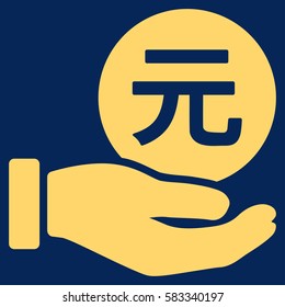 Yuan Coin Payment Hand vector pictograph. Illustration style is a flat iconic yellow symbol on blue background.