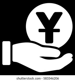 Yuan Coin Payment Hand vector pictograph. Illustration style is a flat iconic white symbol on black background.