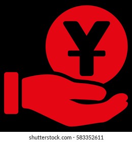 Yuan Coin Payment Hand vector pictograph. Illustration style is a flat iconic red symbol on black background.