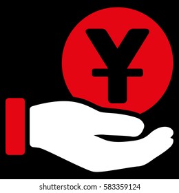 Yuan Coin Payment Hand vector pictograph. Illustration style is a flat iconic bicolor red and white symbol on black background.