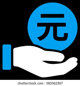 Yuan Coin Payment Hand vector icon. Illustration style is a flat iconic bicolor blue and white symbol on black background.