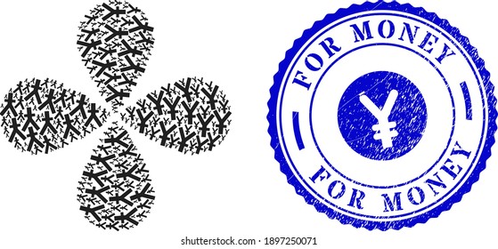 Yuan currency curl fireworks, and blue round FOR MONEY dirty watermark with icon inside. Object flower with 4 petals composed from oriented yuan currency items. Vector flower collage in flat style.