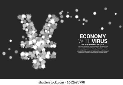 Yuan currency money icon from virus  shape and  particle of  Corona virus background. Concept for fall down economic from outbreak.