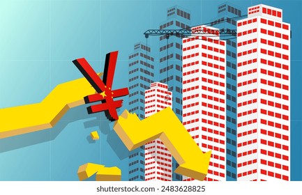 Yuan currency symbol economic decline chart Chinese property sector crisis, financial crisis, China's Real Estate slump, flag of China and stock market down