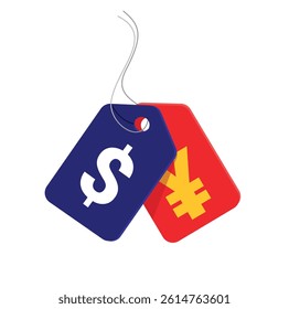 Yuan and Dollar sign on price tags as conceptual illustration referring to trade war between United States of America and China. Vector illustration.