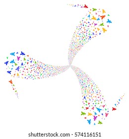 Yuan fireworks swirl rotation. Vector illustration style is flat bright multicolored iconic symbols on a white background. Object spiral made from random symbols.