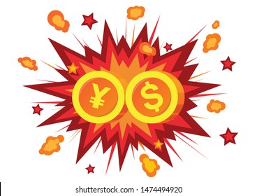 Yuan gold coin crash dollar gold coin on comic effect explosion, representing the trade war between those powers.