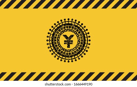 yuan icon black grunge emblem inside yellow warning sign. Vector Illustration. Detailed.