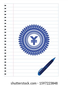 yuan icon draw with pen effect. Blue ink. Vector Illustration. Detailed.