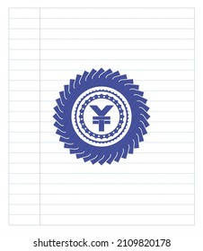 yuan icon emblem drawn with pen. Blue ink. Vector Illustration. Detailed. 